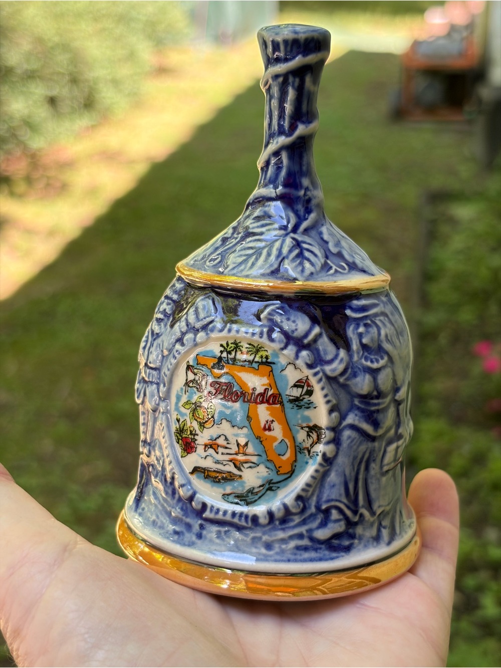 Florida Blue Ceramic Decorative Bell with Gold Accents